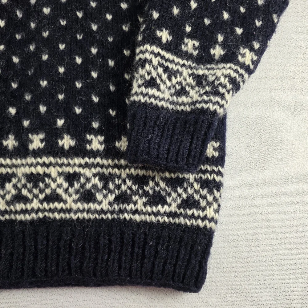 Nepal Men's Chunky Hand Knit Wool Sweater Black White Nordic Pattern - Picture 7 of 12